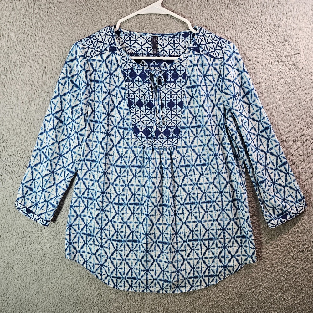 NYDJ Tunic Top Blouse Women Petite Small PS Tie Dye Print White Blue